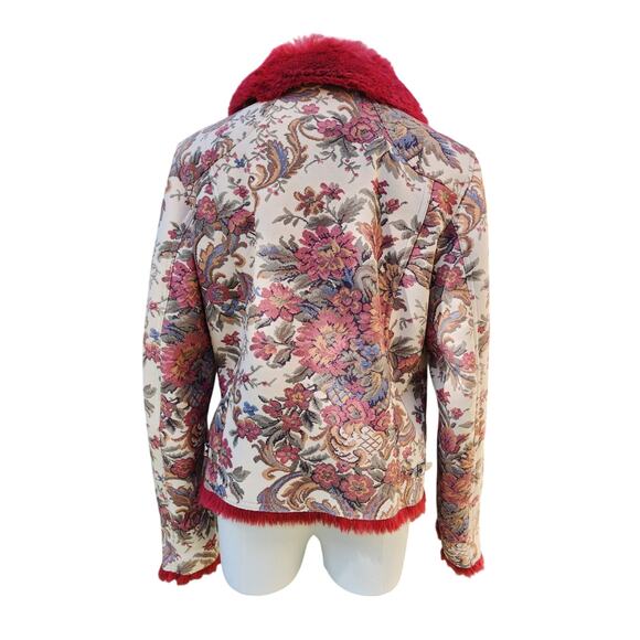Vtg DB Sport Red Faux Fur Floral Victorian Tapestry Collared Moto Coat Sz M - Picture 4 of 8